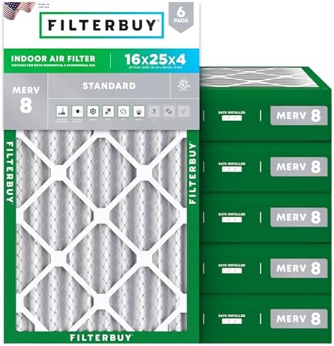 Filterbuy 16x25x4 Air Filter MERV 8 Dust Defense (6-Pack), Pleated HVAC AC Furnace Air Filters Replacement (Actual Size: 15.50 x 24.50 x 3.63 Inches)