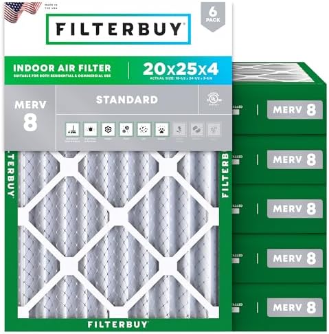 Filterbuy 20x25x4 Air Filter MERV 8 Dust Defense (6-Pack), Pleated HVAC AC Furnace Air Filters Replacement (Actual Size: 19.50 x 24.50 x 3.63 Inches)