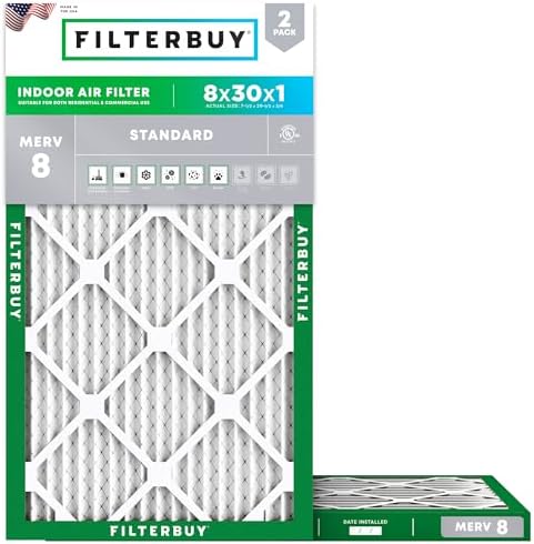 Filterbuy 8x30x1 Air Filter MERV 8 Dust Defense (2-Pack), Pleated HVAC AC Furnace Air Filters Replacement (Actual Size: 7.50 x 29.50 x 0.75 Inches)