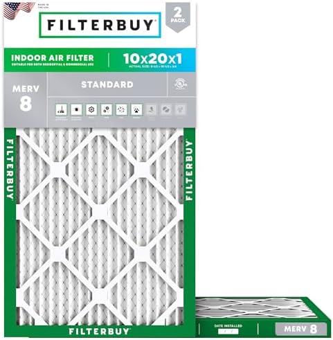 Filterbuy 10x20x1 Air Filter MERV 8 Dust Defense (2-Pack), Pleated HVAC AC Furnace Air Filters Replacement (Actual Size: 9.50 x 19.50 x 0.75 Inches)