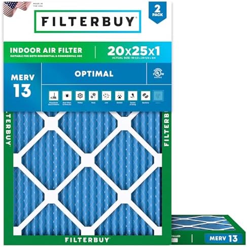 Filterbuy 20x25x1 Air Filter MERV 13 Optimal Defense (2-Pack), Pleated HVAC AC Furnace Air Filters Replacement (Actual Size: 19.50 x 24.50 x 0.75 Inches)