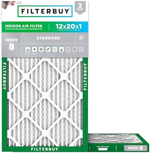 Filterbuy 12x20x1 Air Filter MERV 8 Dust Defense (2-Pack), Pleated HVAC AC Furnace Air Filters Replacement (Actual Size: 11.50 x 19.50 x 0.75 Inches)
