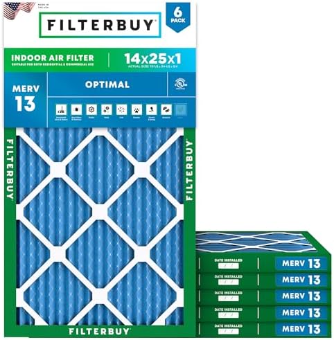 Filterbuy 14x25x1 Air Filter MERV 13 Optimal Defense (6-Pack), Pleated HVAC AC Furnace Air Filters Replacement (Actual Size: 13.50 x 24.50 x 0.75 Inches)