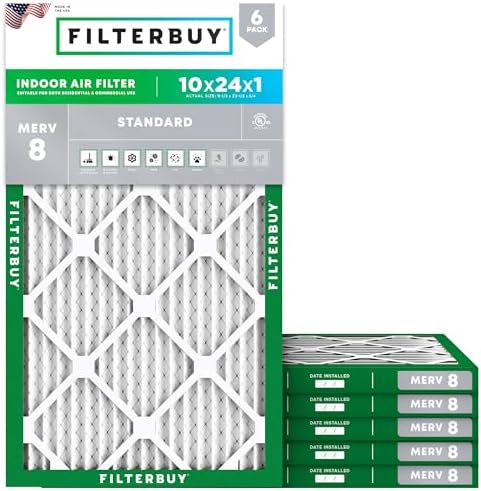 Filterbuy 10x24x1 Air Filter MERV 8 Dust Defense (6-Pack), Pleated HVAC AC Furnace Air Filters Replacement (Actual Size: 9.50 x 23.50 x 0.75 Inches)