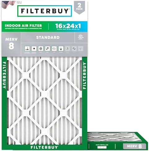 Filterbuy 16x24x1 Air Filter MERV 8 Dust Defense (2-Pack), Pleated HVAC AC Furnace Air Filters Replacement (Actual Size: 15.38 x 23.38 x 0.75 Inches)
