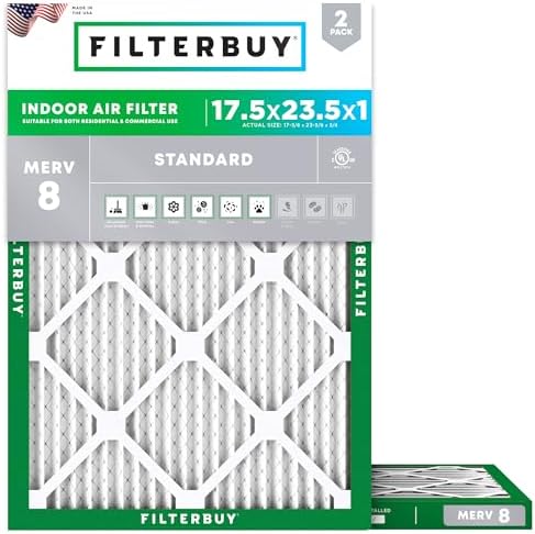 Filterbuy 17.5x23.5x1 Air Filter MERV 8 Dust Defense (2-Pack), Pleated HVAC AC Furnace Air Filters Replacement (Actual Size: 17.38 x 23.38 x 0.75 Inches)