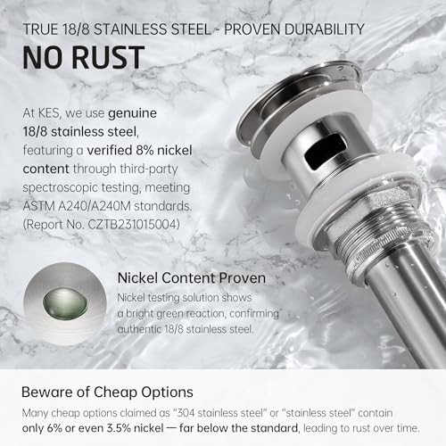 KES Bathroom Vessel Vanity Sink Pop Up Drain Stopper with Overflow for 1.6"-1.9" Sink Hole, All Metal Rustproof Brass and 304 Stainless Steel, Brushed Nickel, S2008A-BN - Image 7