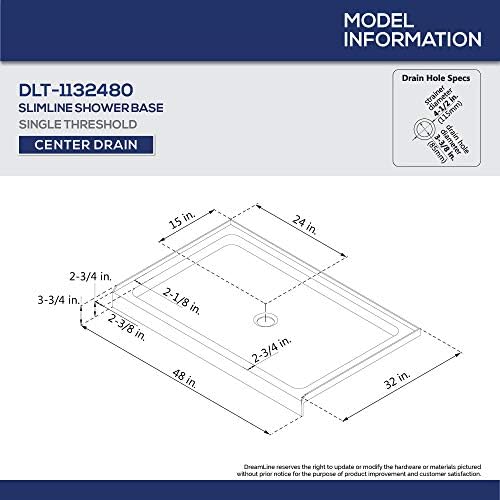 DreamLine SlimLine 32 in. D x 48 in. W x 2 3/4 in. H Center Drain Single Threshold Shower Base in White, DLT-1132480 - Image 2