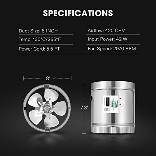 VIVOSUN 8 Inch Inline Duct Fan 420 CFM, HVAC Exhaust Ventilation Fan with Low Noise for Basements, Bathrooms, Kitchens and Attics, Silver - Image 5