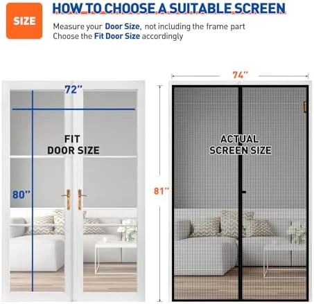 MAGZO Magnetic Screen Door Fit Door Size 72 x 80 Inch, Screen Size 74" x 81" French Door Screen with Full Frame Hook&Loop Black - Image 2