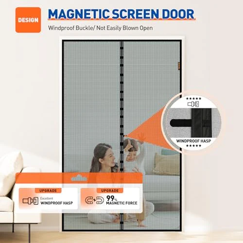 MAGZO Magnetic Screen Door Fit Door Size 72 x 80 Inch, Screen Size 74" x 81" French Door Screen with Full Frame Hook&Loop Black - Image 4