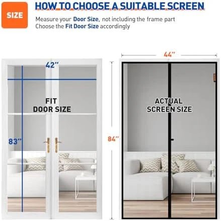MAGZO Magnetic Screen Door Fit Door Size 42 x 83 Inch, Screen Size 44" x 84" Strong Magnet French Door Screen, Heavy Duty Fiberglass Door Mesh with Hook & Loop for Sliding Door, Gray - Image 2