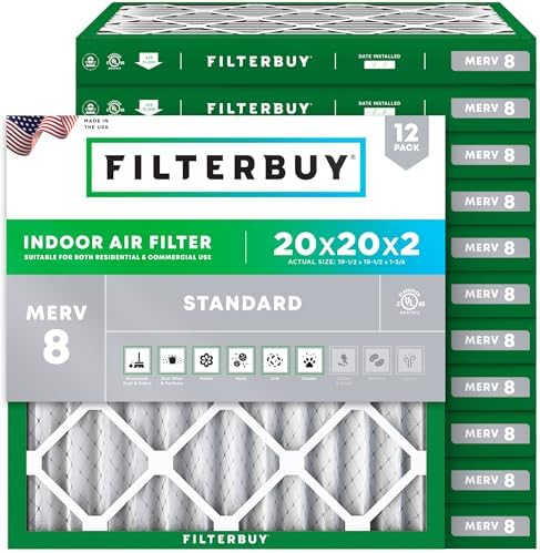 Filterbuy 20x20x2 Air Filter MERV 8 Dust Defense (12-Pack), Pleated HVAC AC Furnace Air Filters Replacement (Actual Size: 19.50 x 19.50 x 1.75 Inches)
