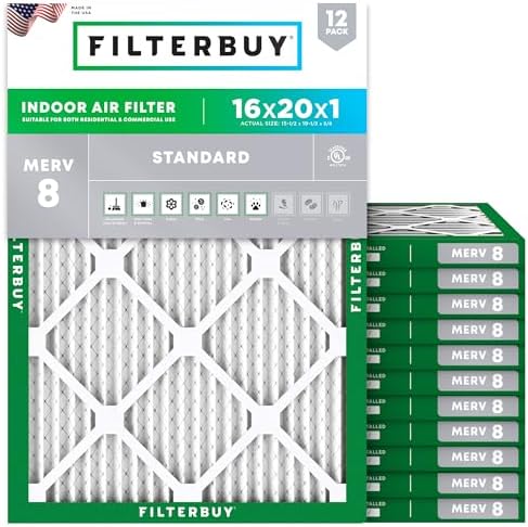 Filterbuy 16x20x1 Air Filter MERV 8 Dust Defense (12-Pack), Pleated HVAC AC Furnace Air Filters Replacement (Actual Size: 15.50 x 19.50 x 0.75 Inches)