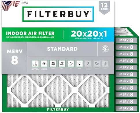 Filterbuy 20x20x1 Air Filter MERV 8 Dust Defense (12-Pack), Pleated HVAC AC Furnace Air Filters Replacement (Actual Size: 19.50 x 19.50 x 0.75 Inches)
