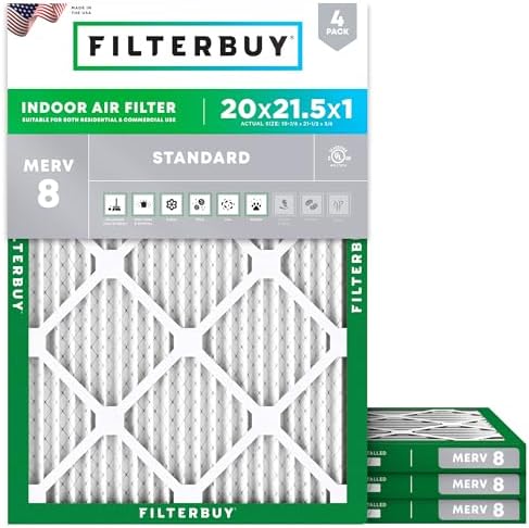 Filterbuy 20x21.5x1 Air Filter MERV 8 Dust Defense (4-Pack), Pleated HVAC AC Furnace Air Filters Replacement (Actual Size: 19.88 x 21.50 x 0.75 Inches)