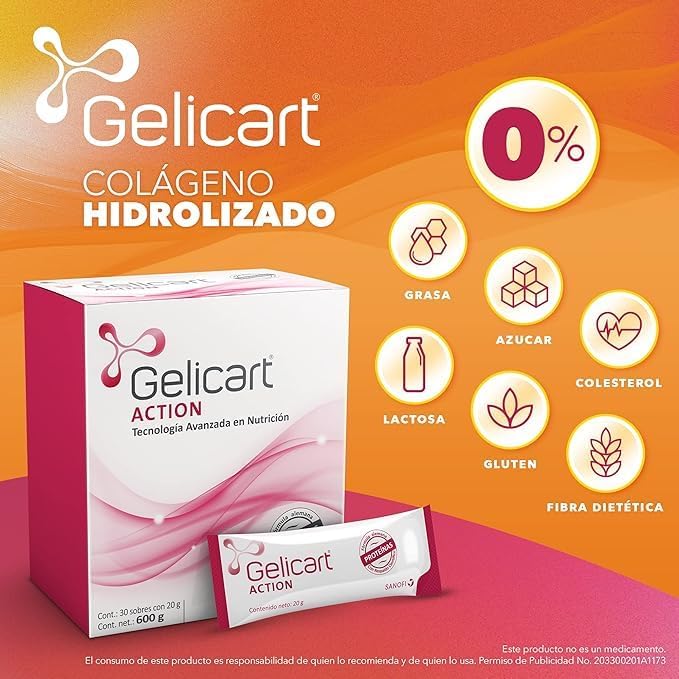 Gelicart Action Colágeno Hidrolizado 30 Sobres x 20 g. Suplemento Alimenticio en Polvo para Reconstruir. Sin Lactosa, Sin Azúcar, Sin Grasa y 100% Natural 1 Sobre al Día para Adultos Mayores a 12 Años - Image 2