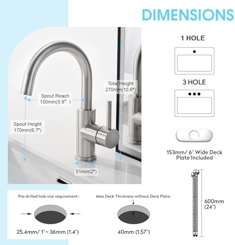 CREA Bar Sink Faucet, Bathroom Kitchen Faucet Brushed Nickel Pre Wet Small Mini Kitchen Bath Utility Marine Faucet Single Hole Stainless Steel Farmhouse Vanity Lavatory Faucets Outdoor - Image 7