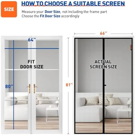 MAGZO Magnetic Screen Door Fit Door Size 64 x 80 Inch, Screen Size 66" x 81" Strong Magnet French Style Mesh, Heavy Duty Fiberglass Mesh with Hook & Loop for Sliding Entrance, Gray - Image 2