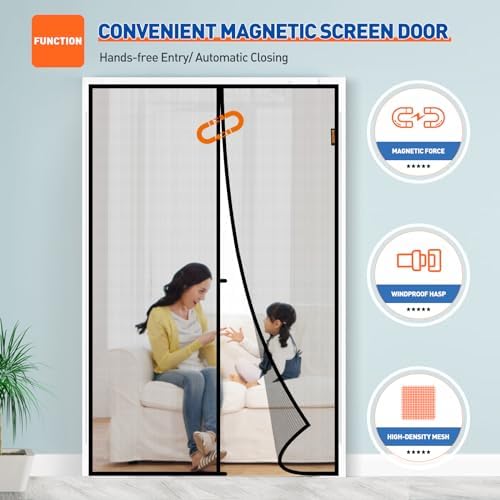 MAGZO Magnetic Screen Door Fit Door Size 64 x 80 Inch, Screen Size 66" x 81" Strong Magnet French Style Mesh, Heavy Duty Fiberglass Mesh with Hook & Loop for Sliding Entrance, Gray - Image 5
