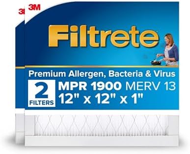 Filtrete 12x12x1 AC Furnace Air Filter, MERV 13, MPR 1900, Premium Allergen, Bacteria & Virus Filter, 3-Month Pleated 1-Inch Electrostatic Air Cleaning Filter, 2-Pack (Actual Size 11.81x11.81x0.78 in)