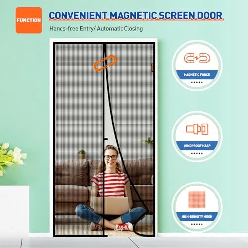 MAGZO Magnetic Screen Door Fit Door Size 36 x 82 Inch, Screen Size 38" x 83" Strong Magnet Door Mesh with Reinforced Hook & Loop for Patio Door, Front Door, Doorway, Black - Image 6