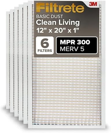 Filtrete 12x20x1 Air Filter, MPR 300, MERV 5, Clean Living Basic Dust 3-Month Pleated 1-Inch Air Filters, 6 Filters