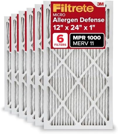 Filtrete 12x24x1 AC Furnace Air Filter, MERV 11, MPR 1000, Micro Allergen Defense, 3-Month Pleated 1-Inch Electrostatic Air Cleaning Filter, 6 Pack (Actual Size 11.69x23.69x0.81 in)