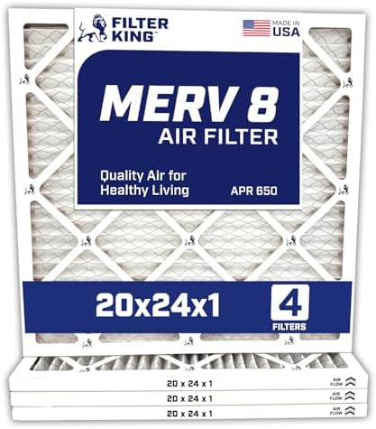 Filter King 20x24x1 Air Filter | 4-PACK | MERV 8 HVAC Pleated A/C Furnace Filters | MADE IN USA | Actual Size: 19.5 x 23.5 x .75"