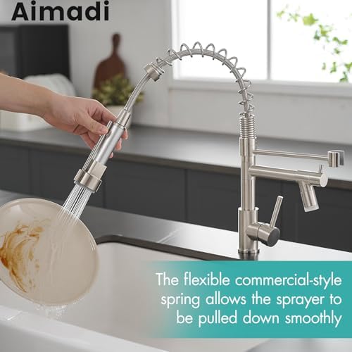 AIMADI Commerical Kitchen Faucet with Sprayer,Single Handle Pull Down Sprayer Kitchen Sink Faucet with LED Light Two Spout,Brushed Nickel - Image 2