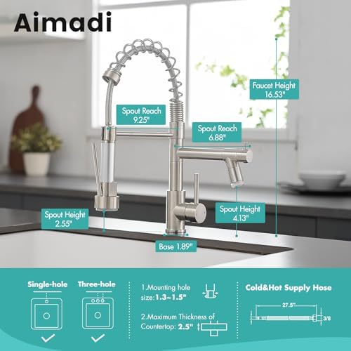 AIMADI Commerical Kitchen Faucet with Sprayer,Single Handle Pull Down Sprayer Kitchen Sink Faucet with LED Light Two Spout,Brushed Nickel - Image 6