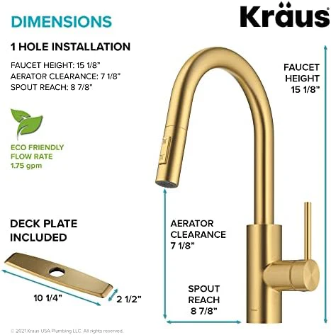 KRAUS Oletto Single Handle Pull Down Kitchen Faucet with QuickDock Top Mount Installation Assembly in Spot-Free Brushed Brass, KPF-2620BB - Image 3