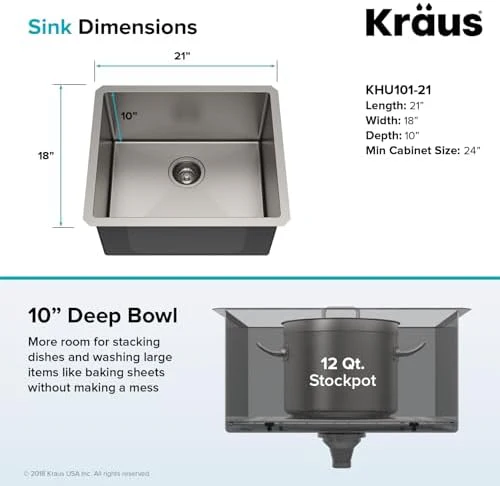Kraus KHU101-21 Standart PRO 16 Gauge Undermount Single Bowl Set (4 Item Bundle: Sink, Bottom Grid, Drain Assembly, Kitchen Towel), 21 Inch, Stainless Steel - Image 4