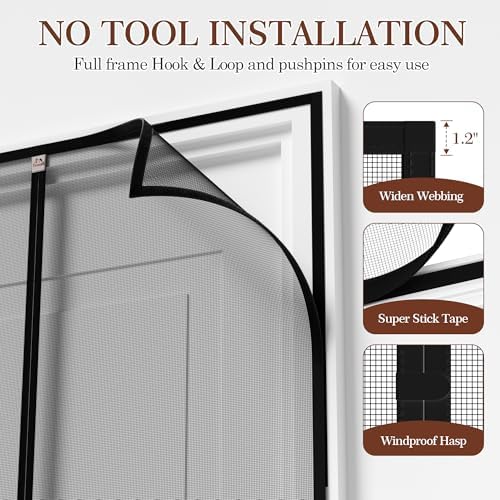 Yotache Magnetic Screen Door for 36"x82" Doors, Screen Size 38"x83" High-Density Fiberglass Mesh with Powerful Magnets & Windproof Hasp for Front/Back Patio Doors, Black - Image 5