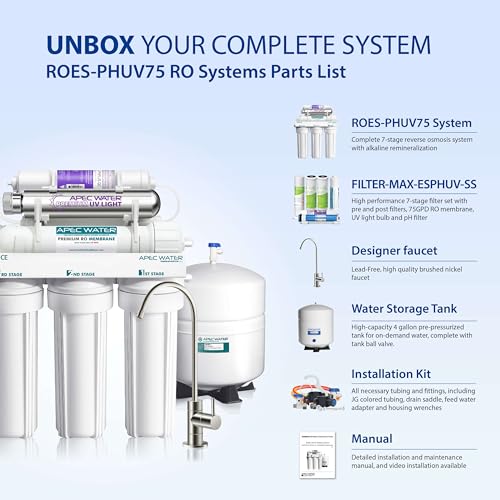 APEC Water System ROES-PHUV75 Essence Series Top Tier Alkaline Mineral pH+ and UV Ultra-Violet Sterilizer 75 GPD 7-Stage Ultra Safe Reverse Osmosis Drinking Water Filter System - Image 9