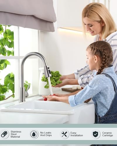 WOWOW Kitchen Faucet with Sprayer, Kitchen Sink Faucet, SUS 304 Stainless Steel, High Arc Single Handle Brushed Nickel Kitchen Faucets with Pull Down Sprayer, Pull Out Kitchen Faucet with Deck Plate - Image 2