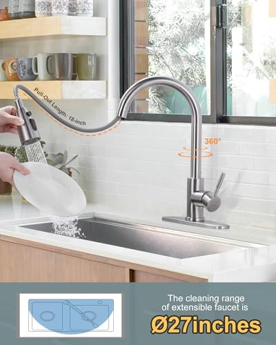 WOWOW Kitchen Faucet with Sprayer, Kitchen Sink Faucet, SUS 304 Stainless Steel, High Arc Single Handle Brushed Nickel Kitchen Faucets with Pull Down Sprayer, Pull Out Kitchen Faucet with Deck Plate - Image 3