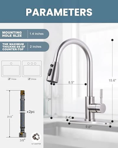 WOWOW Kitchen Faucet with Sprayer, Kitchen Sink Faucet, SUS 304 Stainless Steel, High Arc Single Handle Brushed Nickel Kitchen Faucets with Pull Down Sprayer, Pull Out Kitchen Faucet with Deck Plate - Image 5