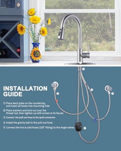 WOWOW Kitchen Faucet with Sprayer, Kitchen Sink Faucet, SUS 304 Stainless Steel, High Arc Single Handle Brushed Nickel Kitchen Faucets with Pull Down Sprayer, Pull Out Kitchen Faucet with Deck Plate - Image 6