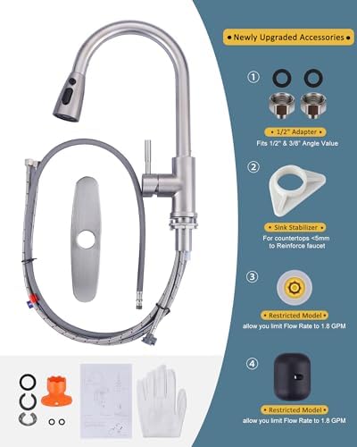 WOWOW Kitchen Faucet with Sprayer, Kitchen Sink Faucet, SUS 304 Stainless Steel, High Arc Single Handle Brushed Nickel Kitchen Faucets with Pull Down Sprayer, Pull Out Kitchen Faucet with Deck Plate - Image 7