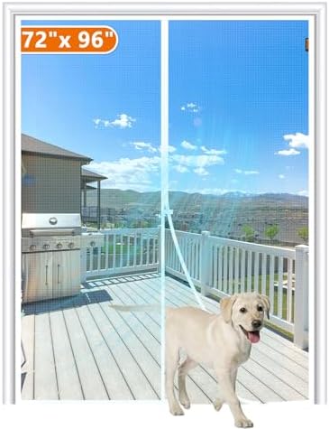 MAGZO Magnetic Screen Door Fit Door Size 72 x 96 Inch, Screen Size 74" x 97" Polyester Sturdy Mesh with Heavy Duty Full Frame Hook & Loop-White