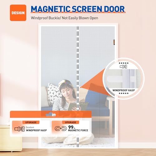 MAGZO Magnetic Screen Door Fit Door Size 72 x 96 Inch, Screen Size 74" x 97" Polyester Sturdy Mesh with Heavy Duty Full Frame Hook & Loop-White - Image 4