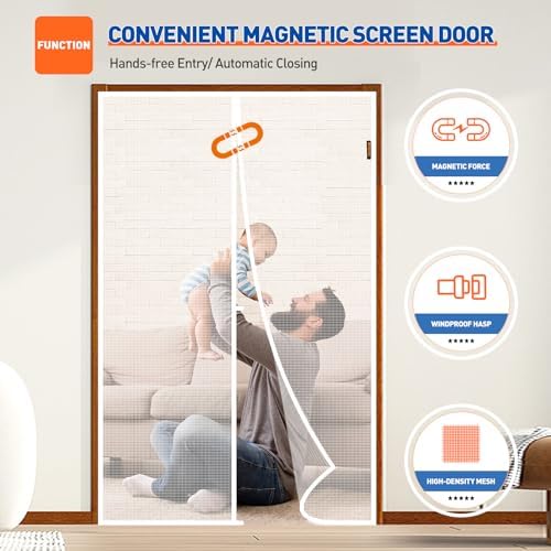 MAGZO Magnetic Screen Door Fit Door Size 72 x 96 Inch, Screen Size 74" x 97" Polyester Sturdy Mesh with Heavy Duty Full Frame Hook & Loop-White - Image 5