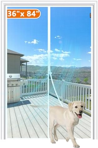 MAGZO Magnetic Screen Door Fit Door Size 36 x 84 Inch, Screen Size 38" x 85" Strong Magnet Mesh with Reinforced Hook & Loop for Patio, Sliding and French Entrances, White