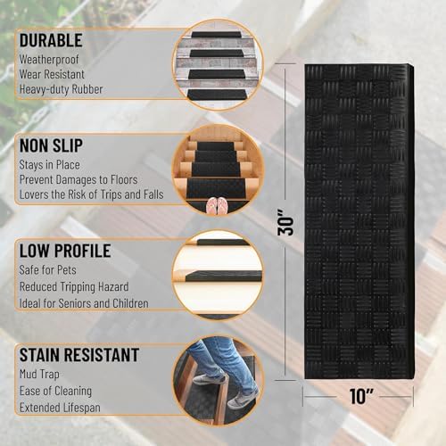 Indoor/Outdoor Hose-Wash Square Edge Design Non-Slip Rubber 10" x 30" Modern Stair Treads for Stairs, Garage, Patio, 5 Pack, Ridged Black - Image 3