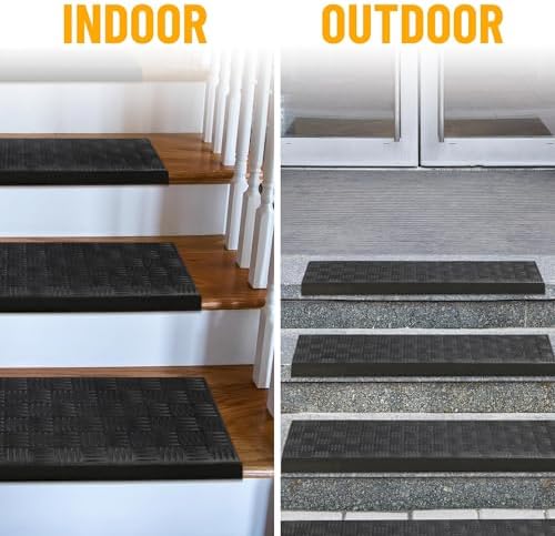 Indoor/Outdoor Hose-Wash Square Edge Design Non-Slip Rubber 10" x 30" Modern Stair Treads for Stairs, Garage, Patio, 5 Pack, Ridged Black - Image 4