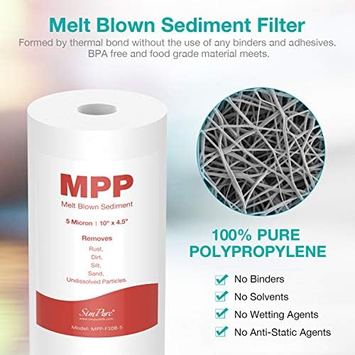 10" x 4.5" Whole House Sediment Water Filter, SimPure 5 Micron 10-inch Big Water Filter Replacement Cartridge Compatible with W15-PR, DGD-5005, FP15B, HD-950A, GXWH35F, GXWH30C for Well Water 4-Pack - Image 5