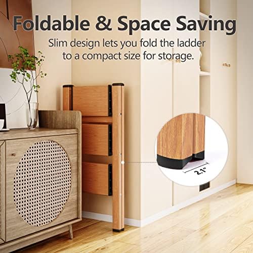 3 Step Ladder, Folding Step Stool with Anti-Slip Wide Sturdy Pedal and Handgrip, Multi-Use for Home and Kitchen Use, Space Saving-Woodgrain(300 lbs Capacity) - Image 2
