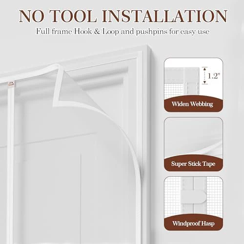 Yotache White Mesh Door Screen with Magnets Fit Doors 36 x 83, Screen Size 38" x 84" with Full Frame Hook&Loop Strip and Special Windproof Hasp Design - Image 6