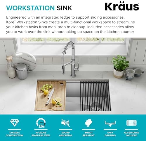 KRAUS Kore Workstation 32-inch Undermount 16 Gauge Stainless Steel Kitchen Sink, Single Bowl Kitchen Sink with Accessories, KWU110-32 - Image 3